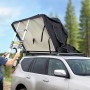 Schwarzes Juskys Autodachzelt Lago 140x240 cm auf silbernem Auto mit Leiter. Camping & Zubehör.