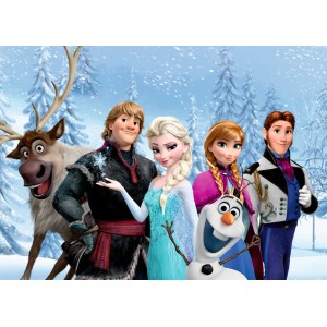 Disney Eiskönigin Fototapete (160x110cm) mit Elsa, Anna, Kristoff, Olaf und Sven vor Winterlandschaft.
