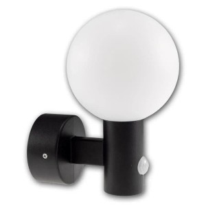 ChiliTec LED Wandleuchte LAMU, schwarz, mit weißer Kugel und PIR Bewegungsmelder. IP65 für Außen.