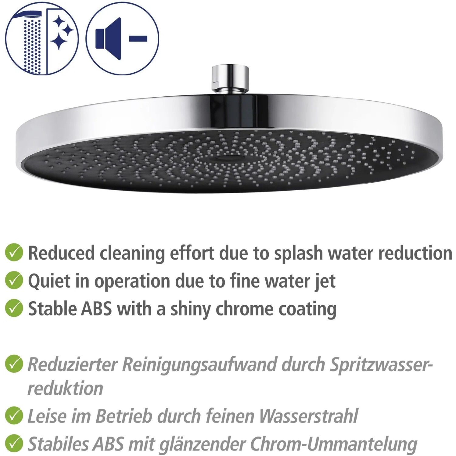 Wenko Duschsystem Softwater Chrom: Regenduschkopf mit feinen Düsen und Chrom-Ummantelung.