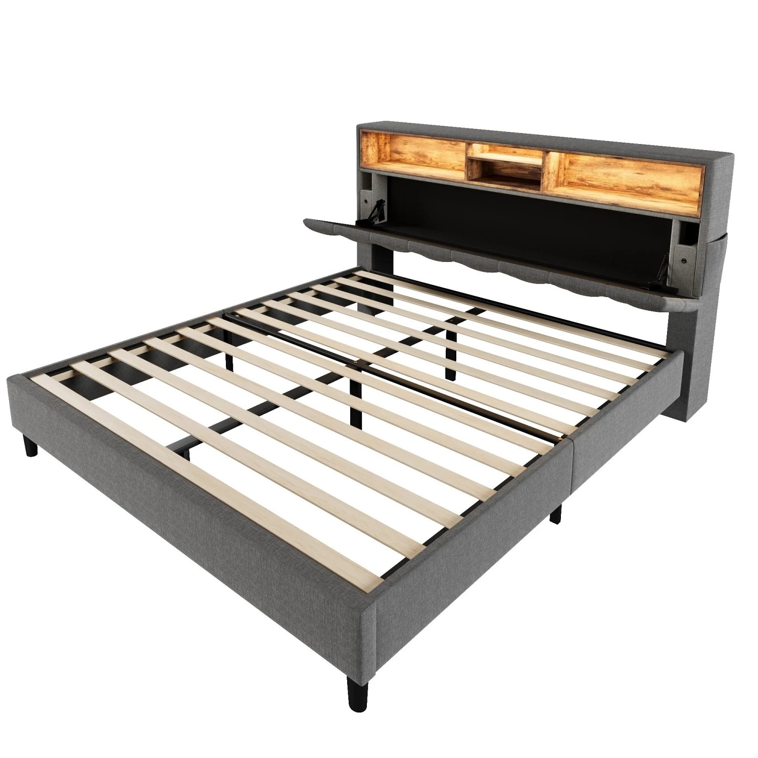 Merax Polsterbett 140x200 Grau LED Ohne Matratze