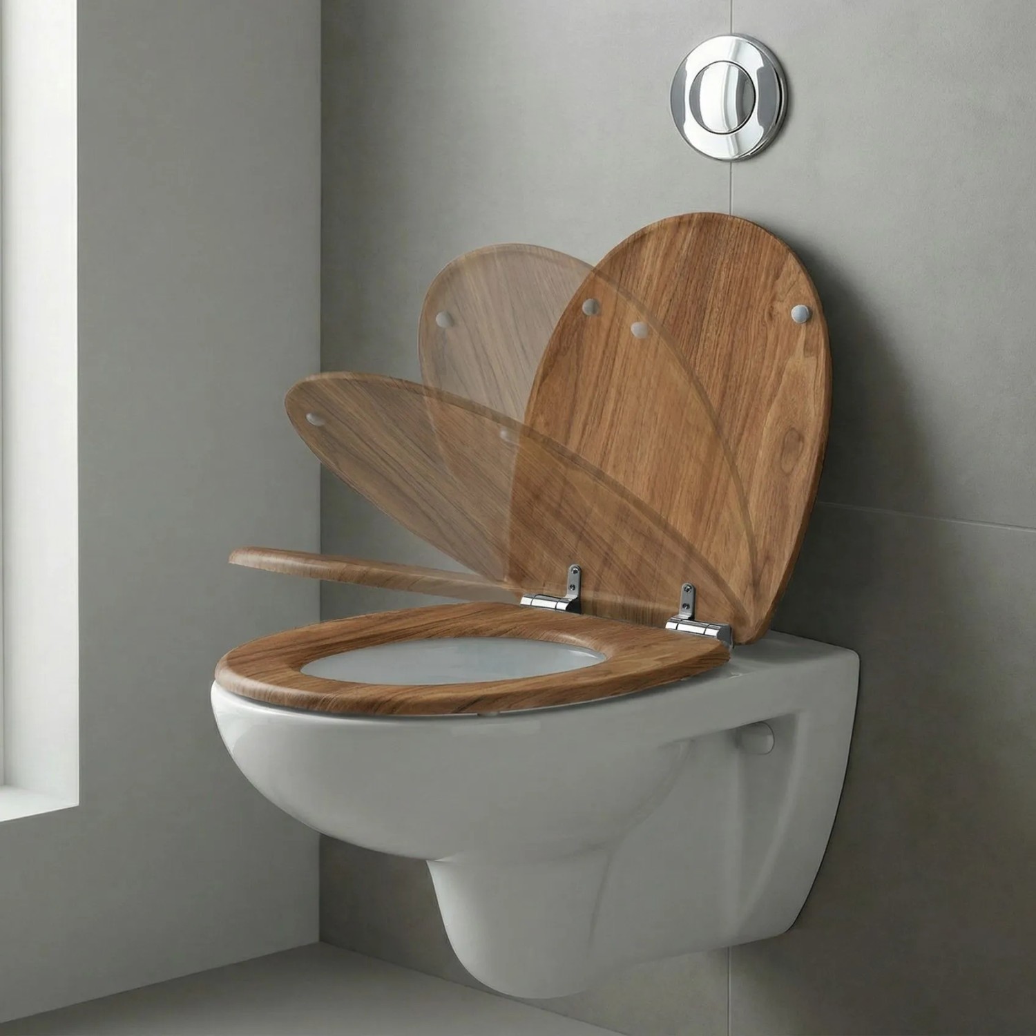 WC-Sitz Sinobath Holzoptik mit sanfter Absenkautomatik auf weißem WC. Robuste Metallscharniere.