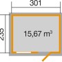Grundriss Gartenhaus 123 Gr.4: Satteldach, graue Wandbohlen, Sockelmaß 301x235 cm, 15,67 m³ Volumen.