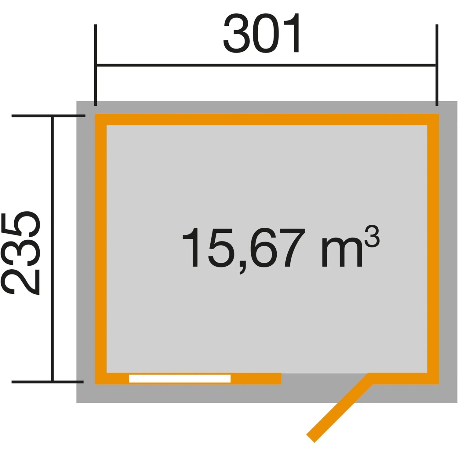 Grundriss Gartenhaus 123 Gr.4: Satteldach, graue Wandbohlen, Sockelmaß 301x235 cm, 15,67 m³ Volumen.