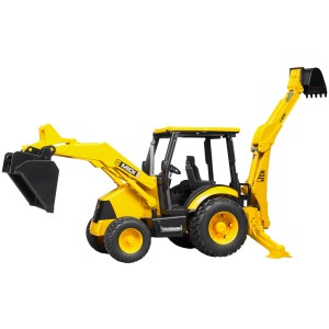 Bruder JCB MIDI CX Baggerlader, gelber Spielzeug-Bagger mit Schaufeln vorne und hinten.