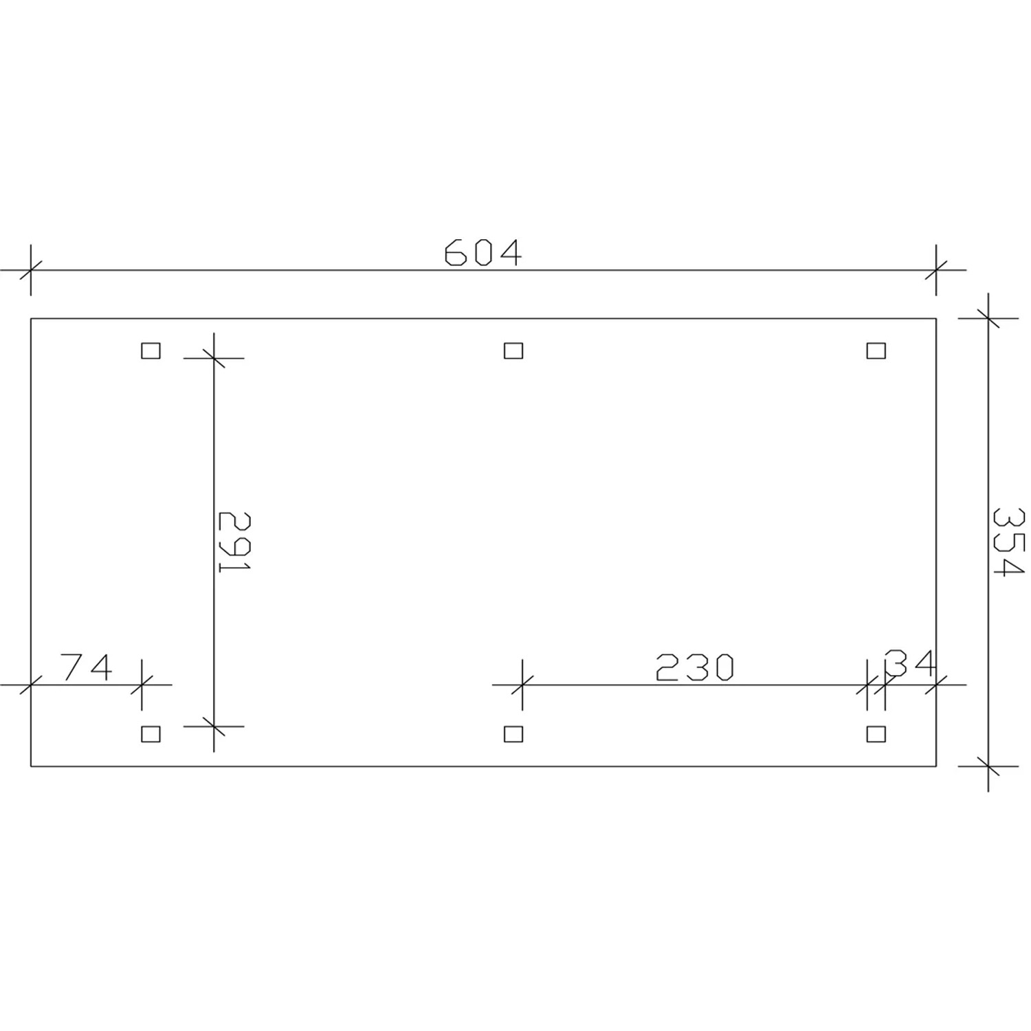 Skizze des Skan Holz Carport Emsland, 354x604 cm, mit Maßangaben für Pfosten und Abmessungen.