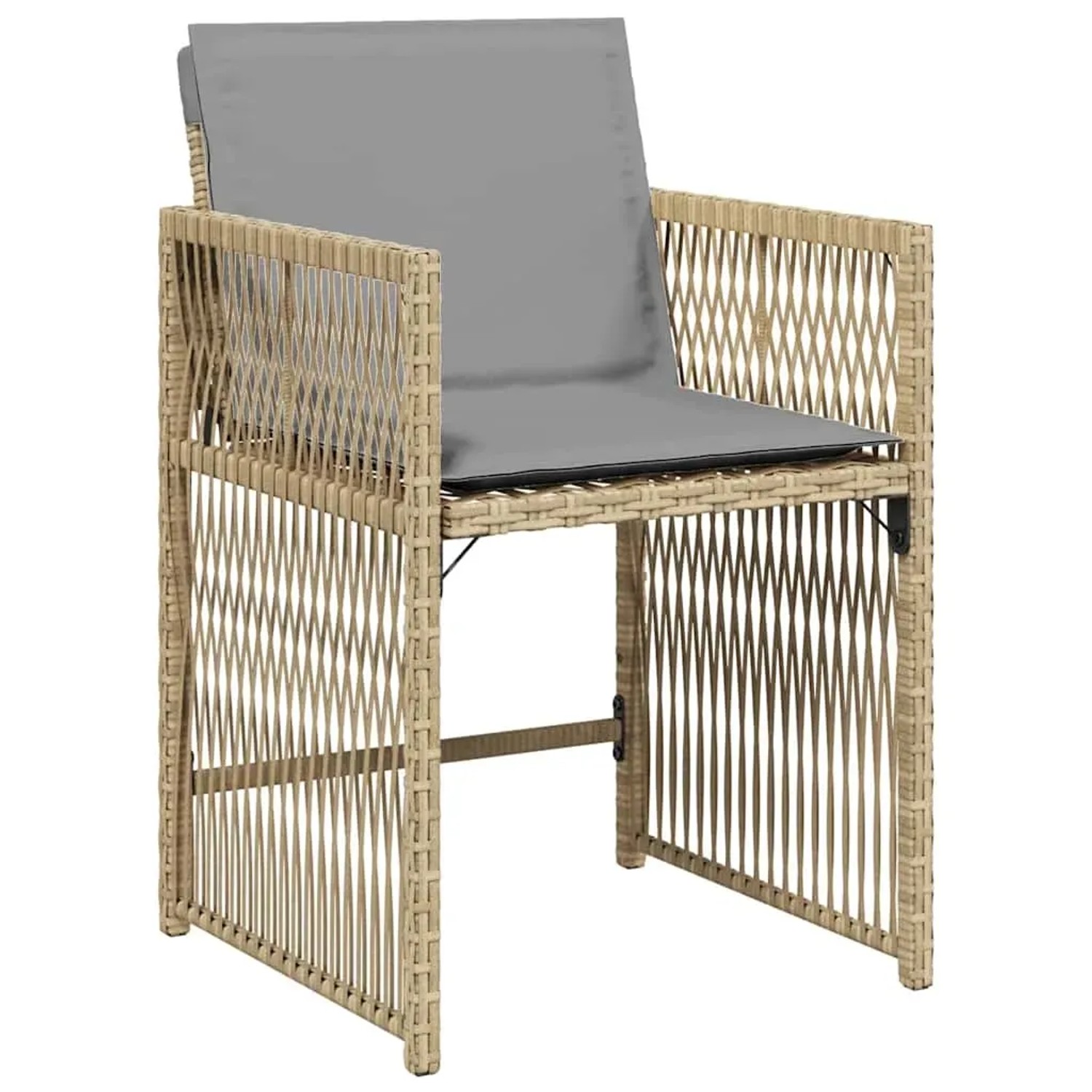 Gartenstuhl aus Poly Rattan, beige mit grauen Kissen, Teil der vidaXL Garten Essgruppe.