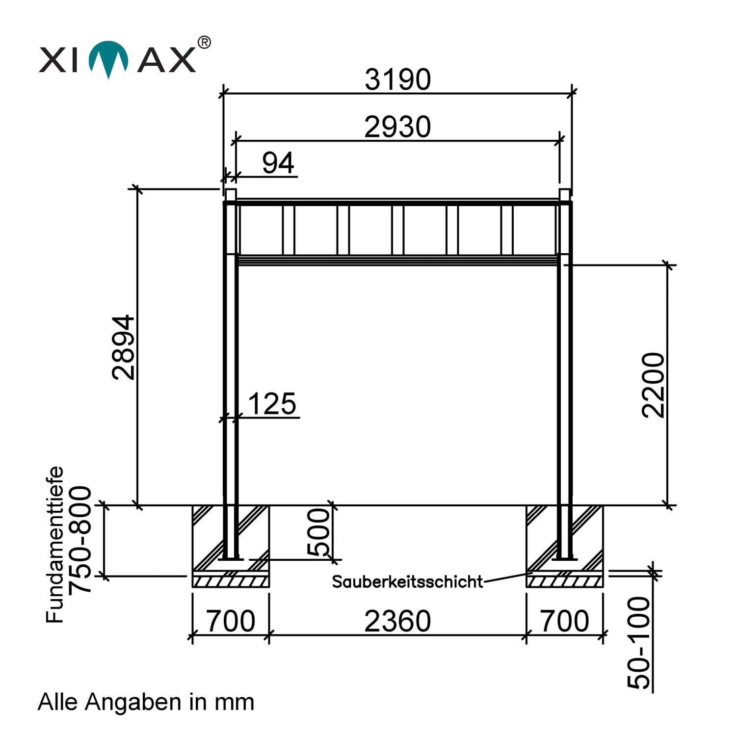 Technische Zeichnung: Ximax Flachdach-Carport My-Port 7 Typ 3259, Maße und Fundamentdetails.