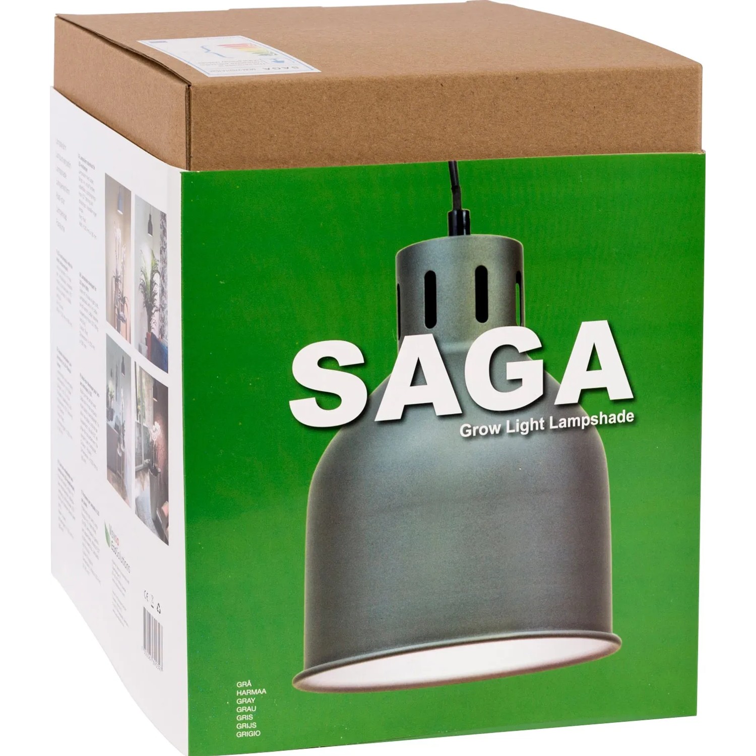 Verpackung des grauen Venso E27 Lampenschirms SAGA für Pflanzenanzucht.