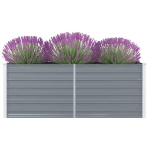 Graues furnicato Hochbeet aus verzinktem Stahl, 160x80x45 cm, bepflanzt mit Lavendel.