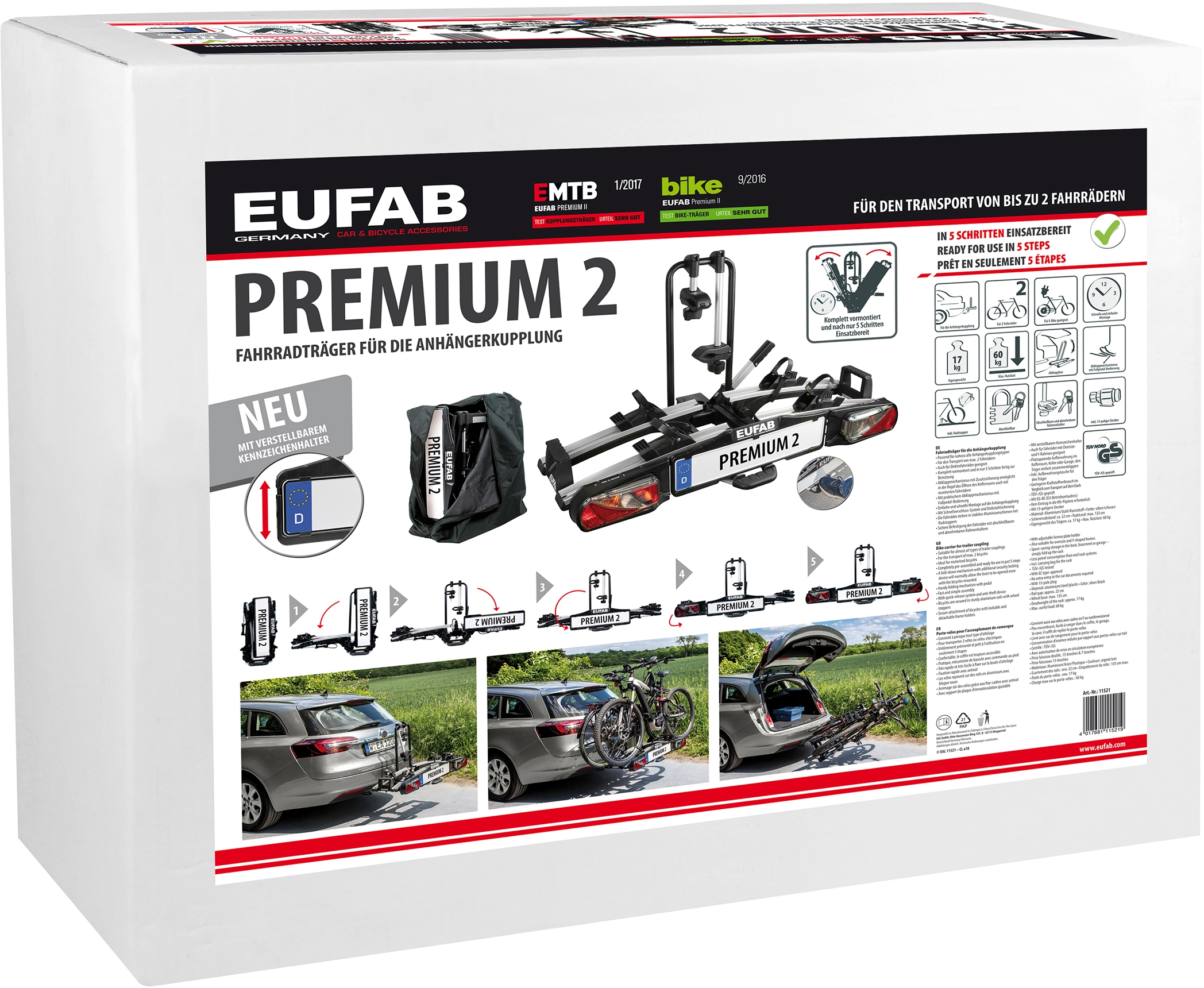 Abklappfunktion Premium Eufab mit 2 Fahrrad-Kupplungsträger