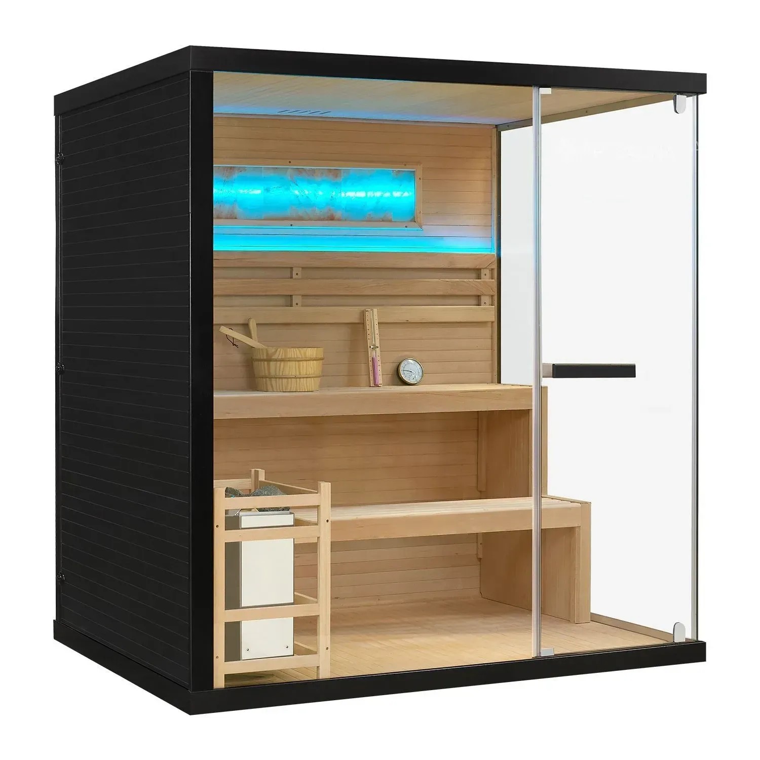Artsauna Vantaa Sauna mit Glasfront, Ofen und Zubehör. Massivholzsauna für 4 Personen.