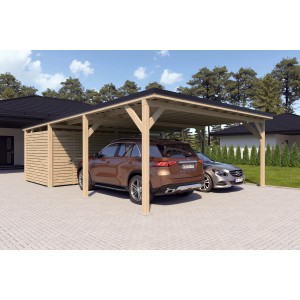 Doppelcarport Ralf mit Geräteraum aus Holz, naturbelassen, mit zwei parkenden Autos.