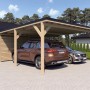 Doppelcarport Ralf mit Geräteraum aus Holz, naturbelassen, mit zwei parkenden Autos.