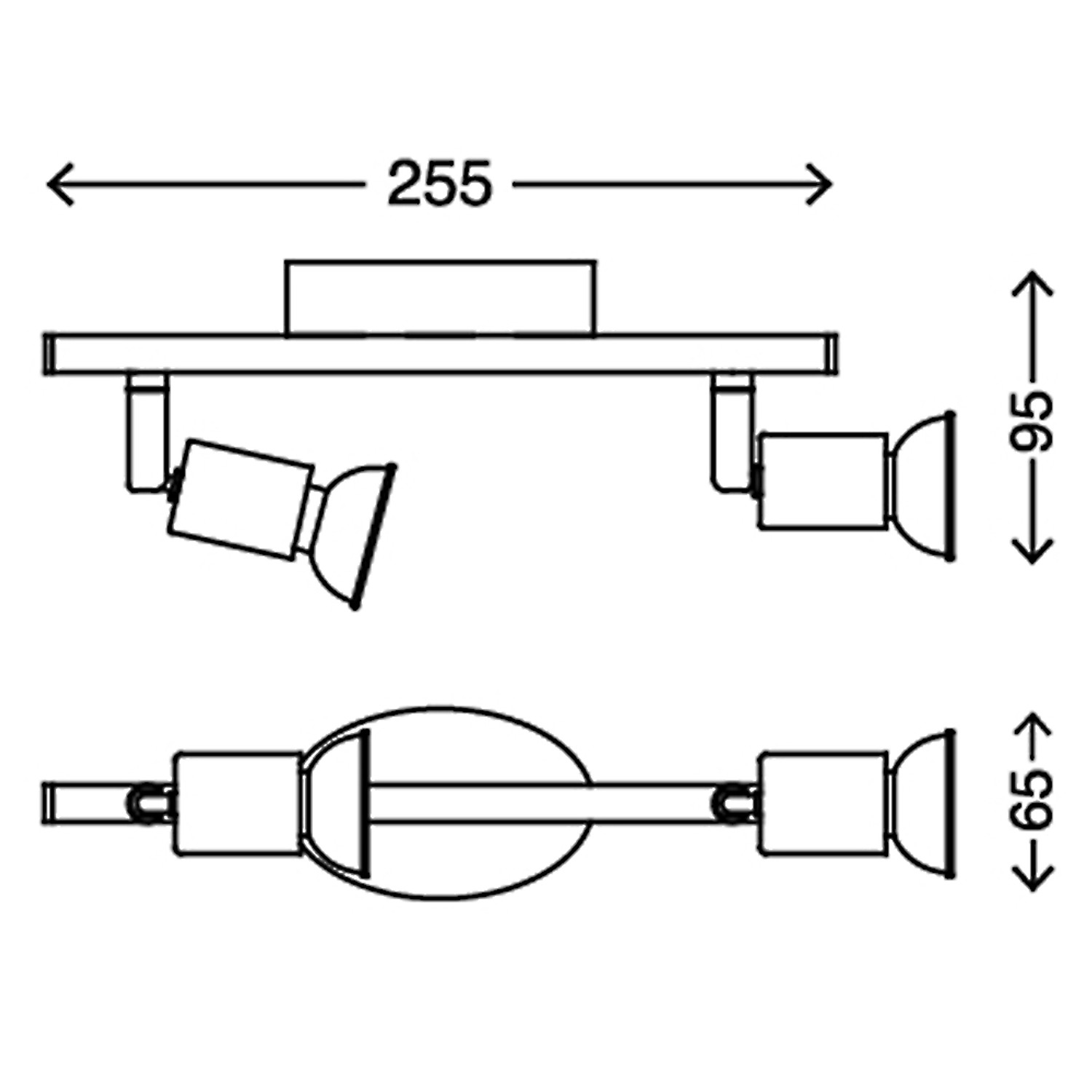 Technische Zeichnung: Briloner LED-Spot Simple, 2-flammig, Maße und Details der schwenkbaren Strahler.