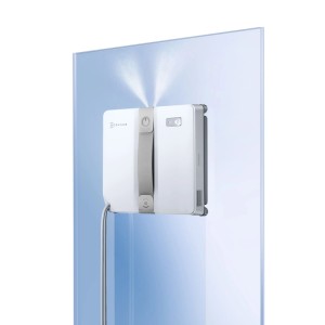 Ecovacs Winbot Mini Fensterputzroboter in Weiß bei der Reinigung einer Glasscheibe.