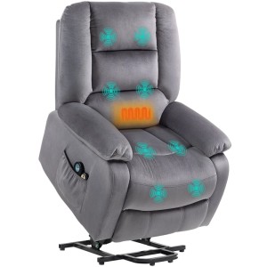 Dunkelgrauer Relaxsessel mit Samtoptik, elektrischer Aufstehhilfe, Vibrationsmassage und Lendenwärme.