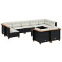 Schwarze 10-tlg. vidaXL Garten-Sofagarnitur aus Polyrattan mit cremeweißen Kissen und Akazientisch.