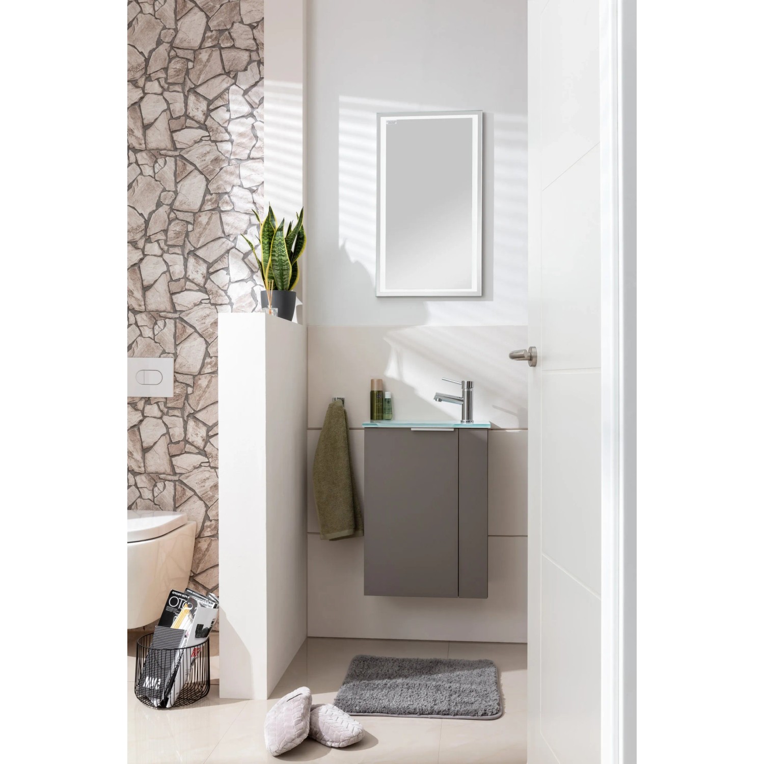 Fackelmann Mini-Waschtischunterschrank SBC Links, Cubanit Grau, im Badezimmer