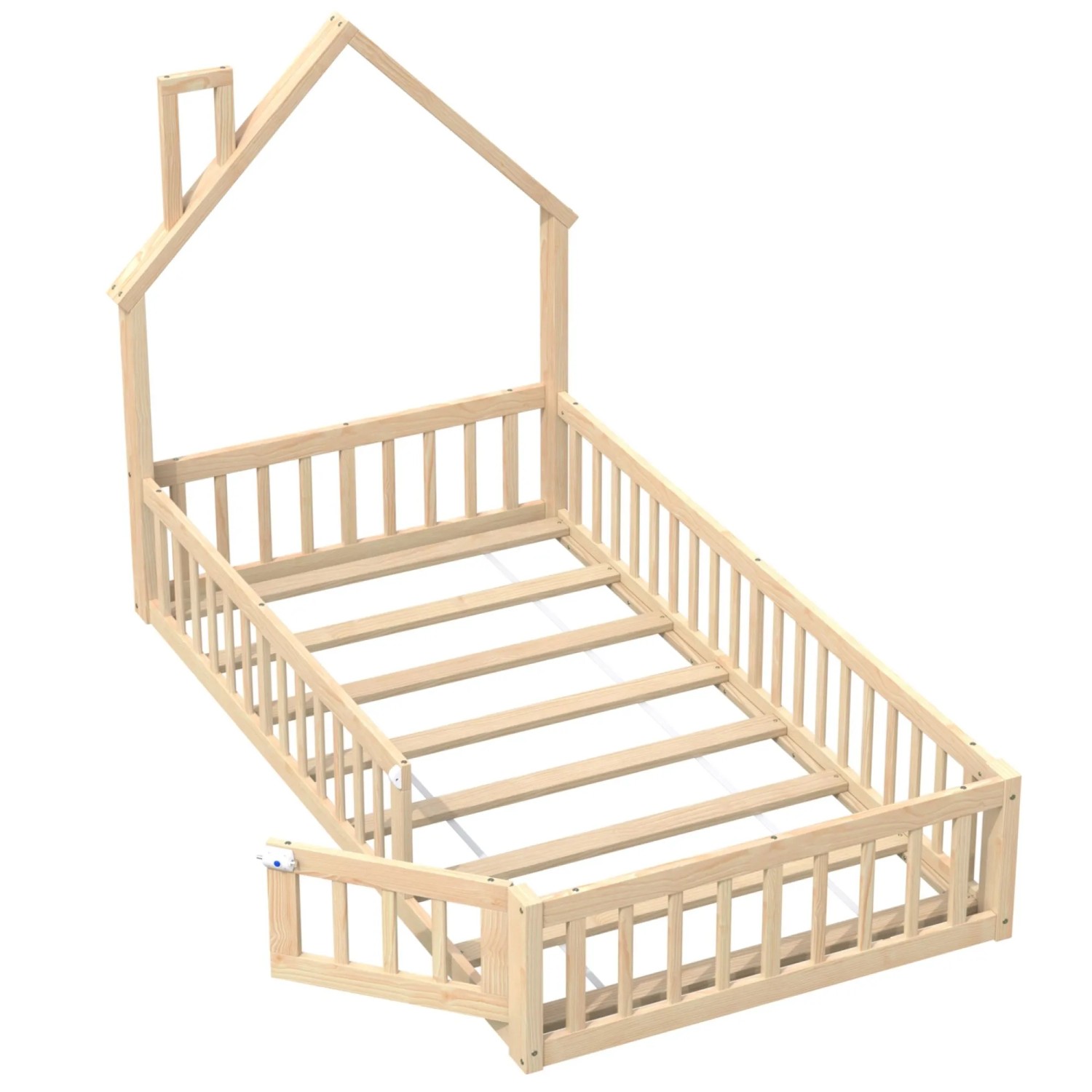 okwish Kinderbett 90×200 Hausbett mit Schornsteinform ohne Matratze
