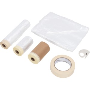 Abdeckset 7-teilig: Folien, Planen, Kreppband und Folienschneider für Renovierungsarbeiten.