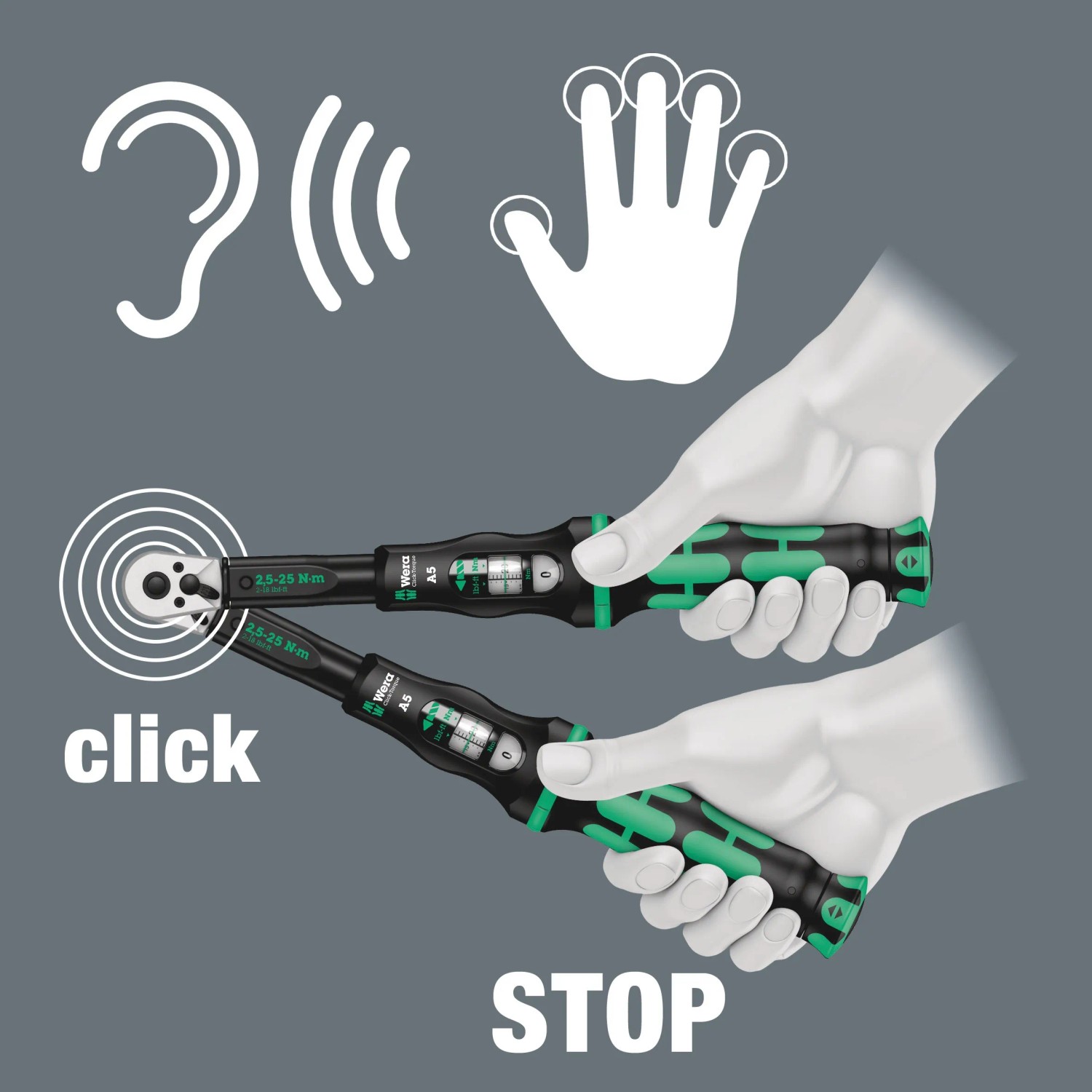 Anwendung des Wera Click-Torque A 5 Drehmomentschlüssels mit Umschaltknarre.