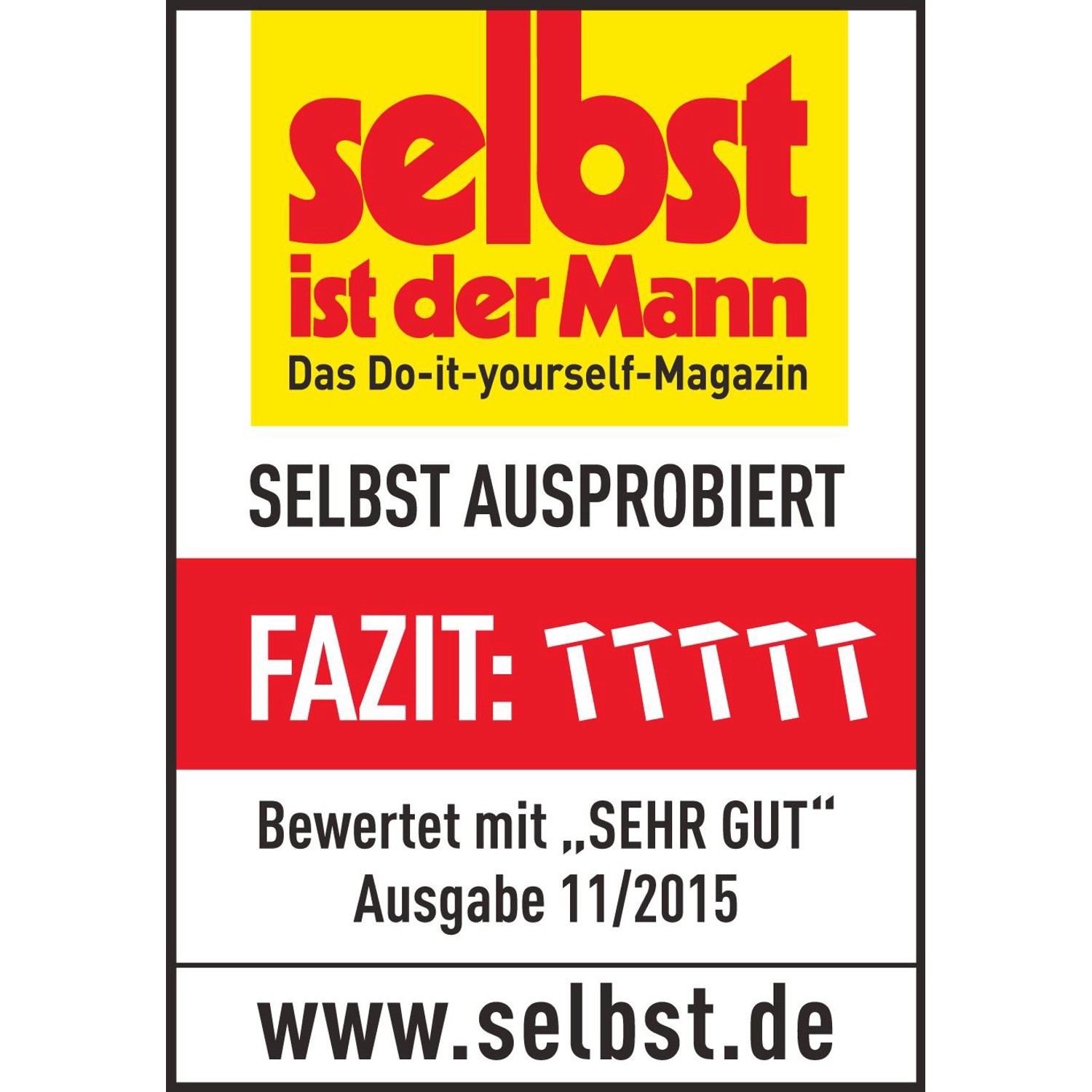 Siegel „selbst ist der Mann“ für Einhell Bohrhammer TC-RH 1600, Ausgabe 11/2015, bewertet mit „SEHR GUT“.