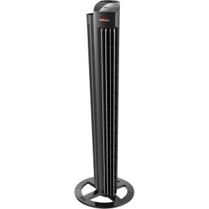 Schwarzer Vornado Tower L Standventilator mit schlankem Design und runder Basis.