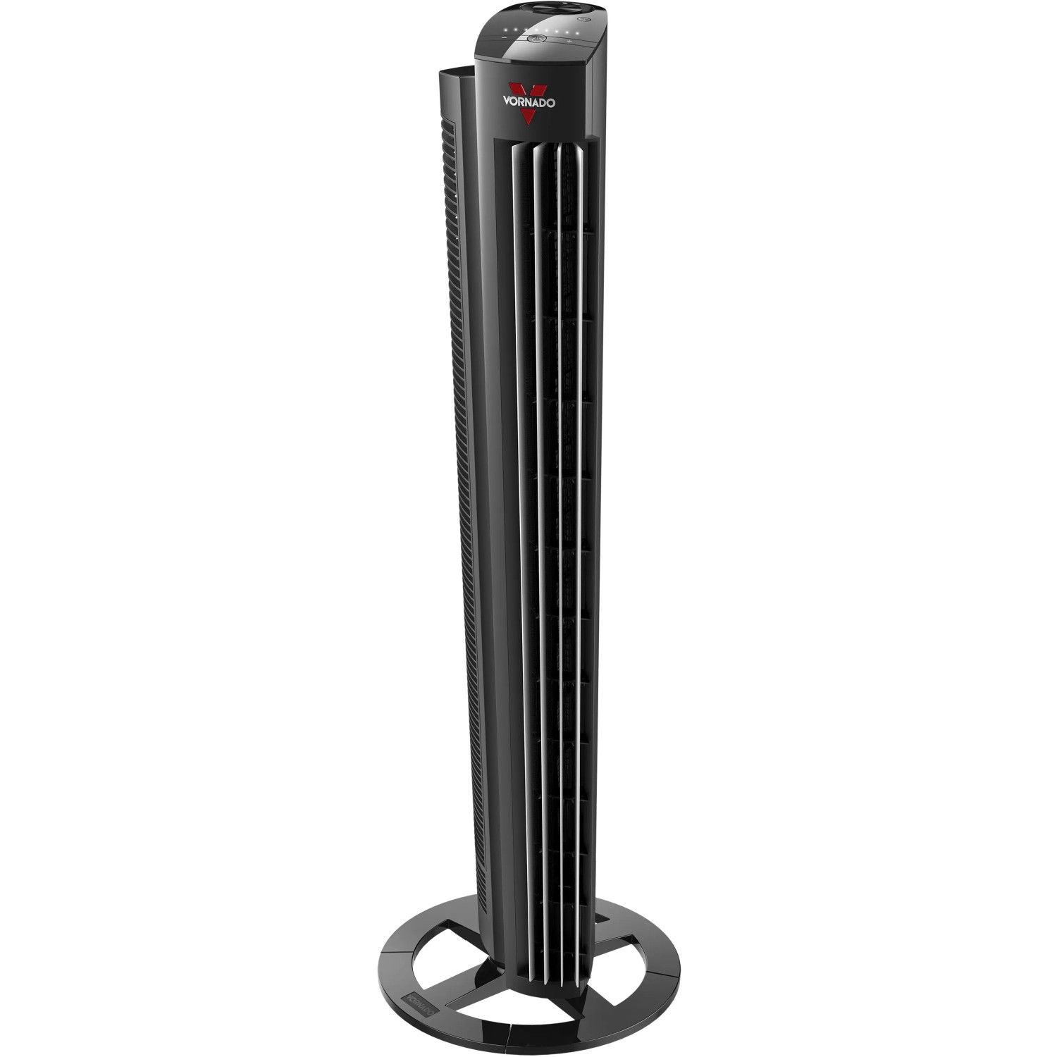 Schwarzer Vornado Tower L Standventilator mit schlankem Design und runder Basis.