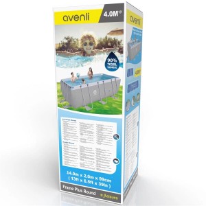 Verpackung des grauen Avenli Frame Stahlrahmenpools, rechteckig, 400x200x100 cm, mit Zubehörinfos.