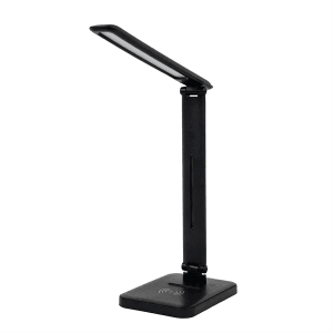 Schwarze LED Schreibtischleuchte mit induktiver Ladestation, dimmbar und mit einstellbarer Lichtfarbe.