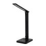 Schwarze LED Schreibtischleuchte mit induktiver Ladestation, dimmbar und mit einstellbarer Lichtfarbe.
