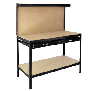 Schwarze Monstershop Werkbank mit Stecktafel, Schublade und Ablage für Werkstatt & Hobby.