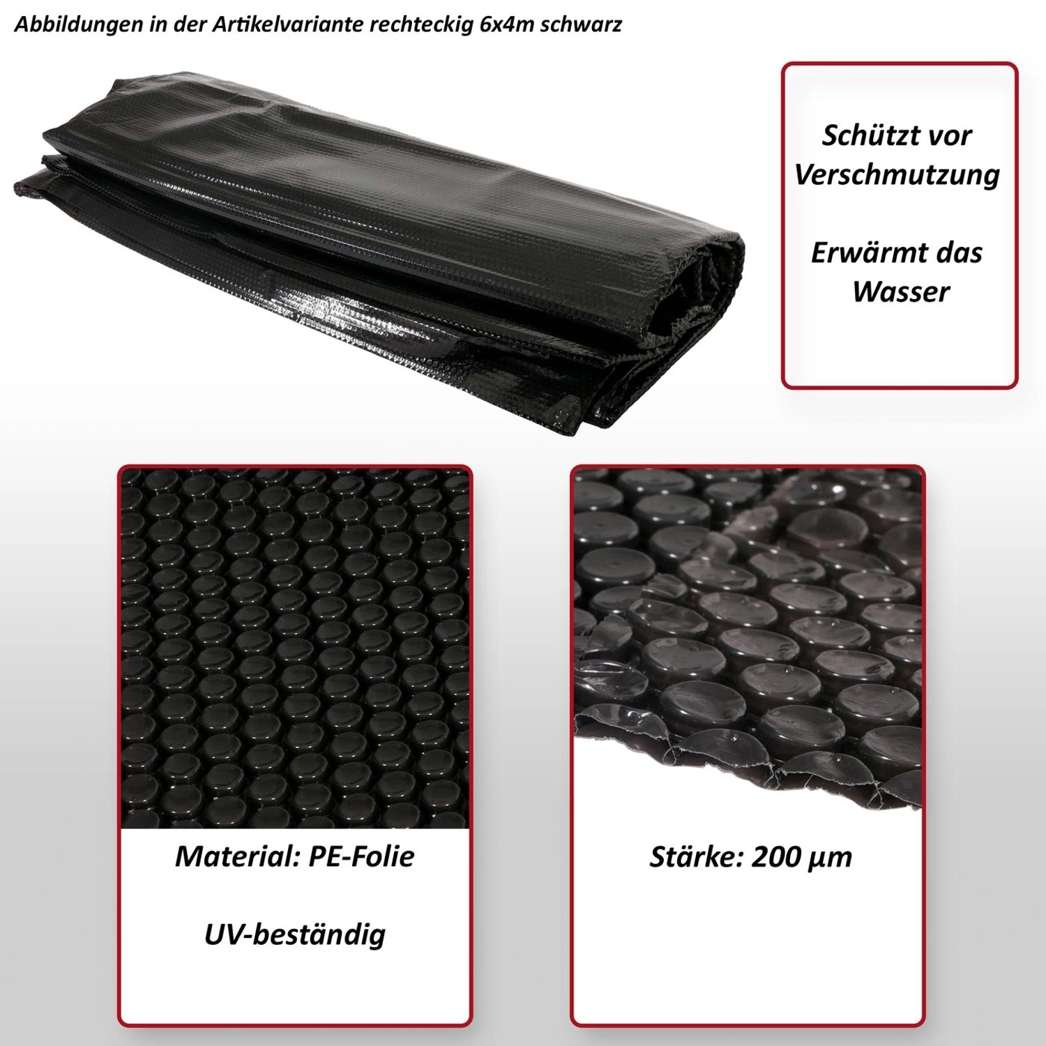 Schwarze MCW Pool Abdeckung 6x4m, rechteckig, 200µm Stärke, aus PE-Folie.