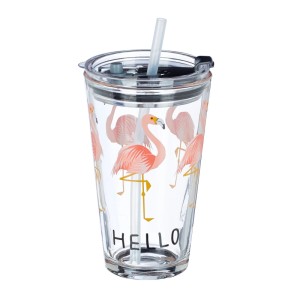 Relaxdays 4er Set Glasbecher Glas Pink mit Deckel und Strohhalm 15,5 cm x 9 cm x 9,5 cm 400 g