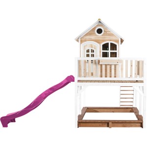 Axi Liam Spielhaus aus Holz mit lila Rutsche und Sandkasten, braun-weiß, 255x377x291 cm.