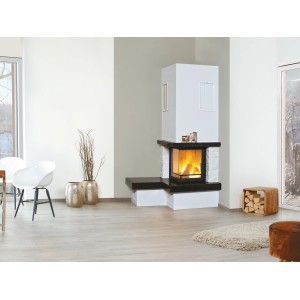 Hark Kaminofen Nebraska mit Bank links aus Marmor, schwarz-weiß, 8 kW, Energieeffizienzklasse A+.