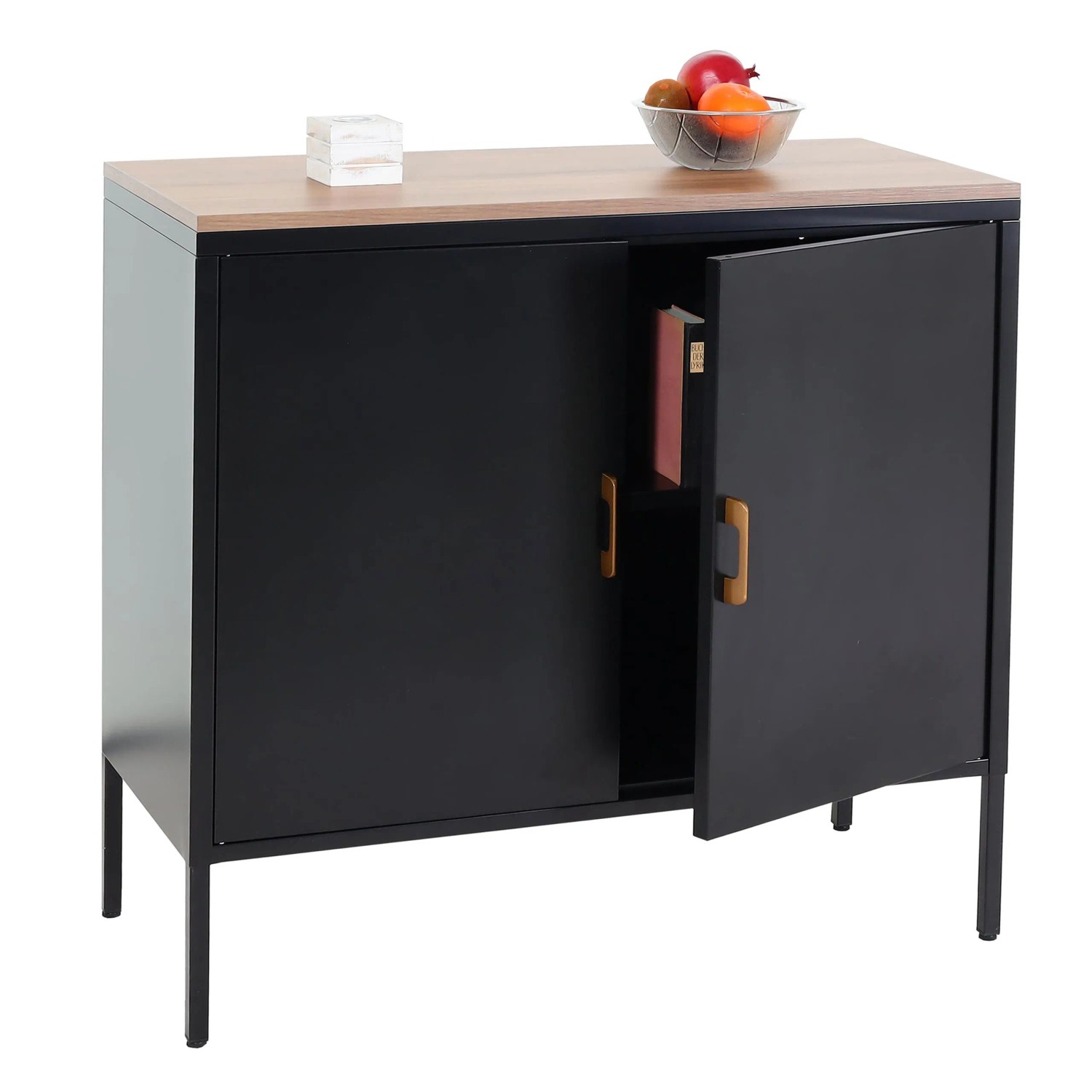Schwarze MCW Kommode L84-2 mit 2 Türen, Holzplatte und Metallfüßen.