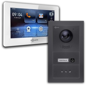 Goliath IP Video Türsprechanlage mit 7-Zoll-Monitor, Kamera, in Weiß und Anthrazit.