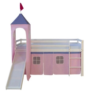 Weißes Kinderhochbett 90x200 mit rosa Vorhang, Rutsche, Turm und Leiter. Ein Abenteuerbett für Kinder.