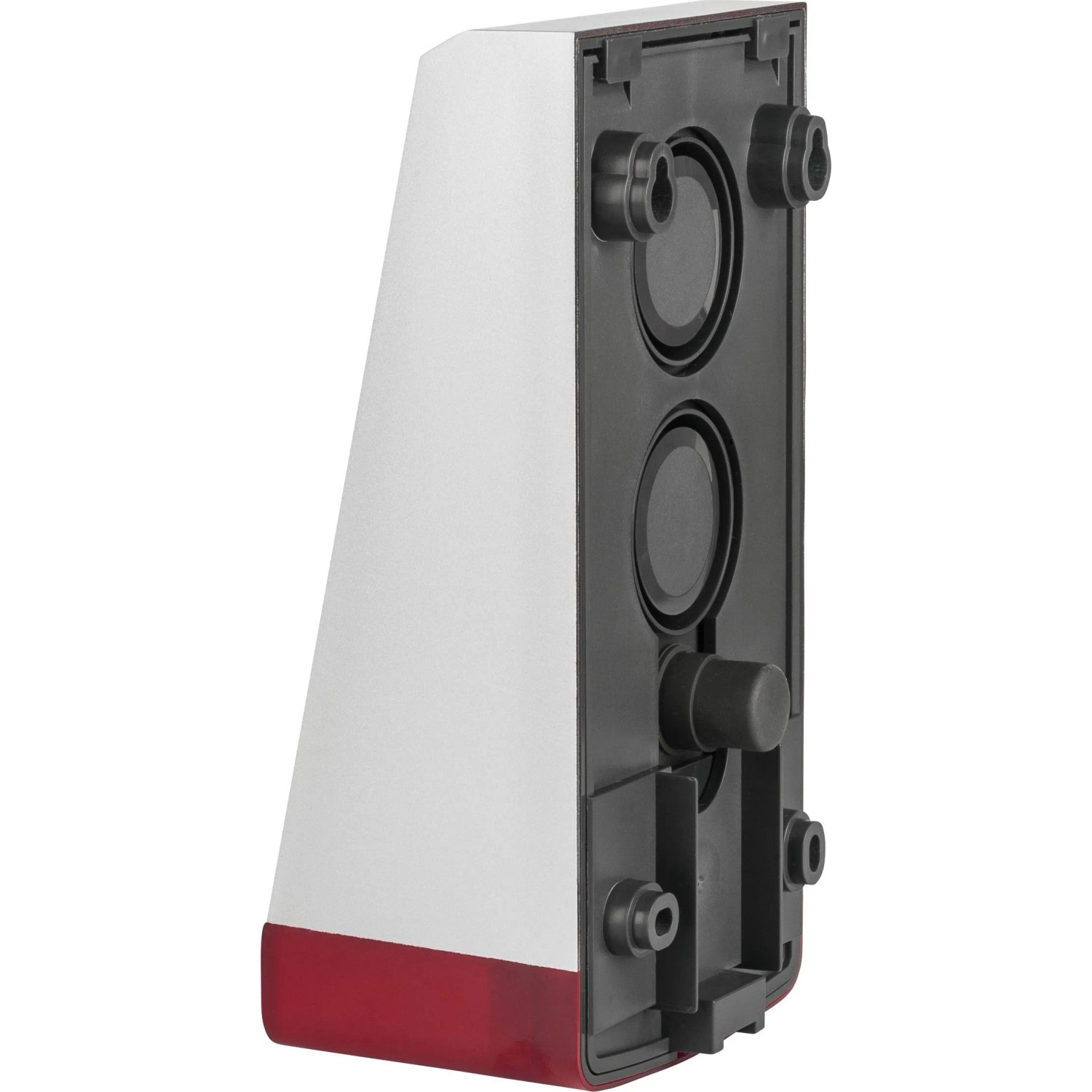 Homematic IP Alarmsirene außen, weiß-rot, Rückseite mit Lautsprechern und Montagepunkten für Hausautomation.