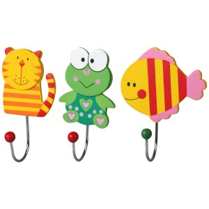 Fackelmann Kinderhaken mit Tiermotiven (Katze, Frosch, Fisch) aus Holz, bunt bemalt.