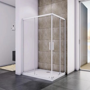 Eckdusche mit Schiebetür, 90x70 cm, Klarglas und mattgrauem Rahmen.