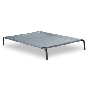 Graue Knuffelwuff Hundeliege XXL für In- und Outdoor, erhöhte Liegefläche mit schwarzem Gestell.