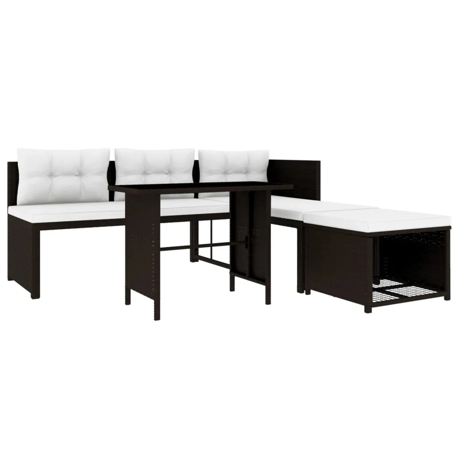 Braunes 4-tlg. Garten Lounge Set aus Rattan mit Tisch, Hocker, Sofa und Liege mit cremeweißen Polstern.