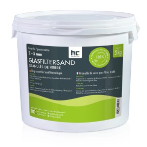 Höfer Chemie Glasgranulat 2-5mm, 5kg für Sandfilteranlagen im weißen Eimer.