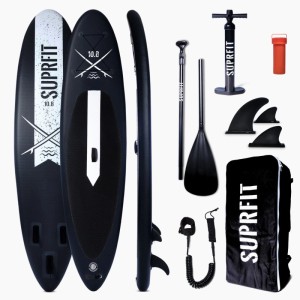 Schwarzes Suprfit SUP Board Lailani 10'8 Komplettset mit Paddel, Pumpe, Finnen, Leash und Rucksack für Wassersport.