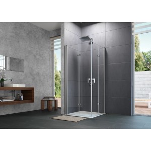 Hüppe 4-Eck-Schwingfalttür Design Pure, 70x190 cm, Silber Matt, teilgerahmte Duschtür.