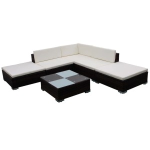 Braunes 6-tlg. vidaXL Garten-Lounge-Set aus Rattan mit Auflagen und Tisch.