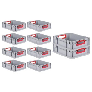 PROREGAL Spar Set: 10 graue Euroboxen mit roten Griffen, 11 Liter, für Lagerung und Transport.